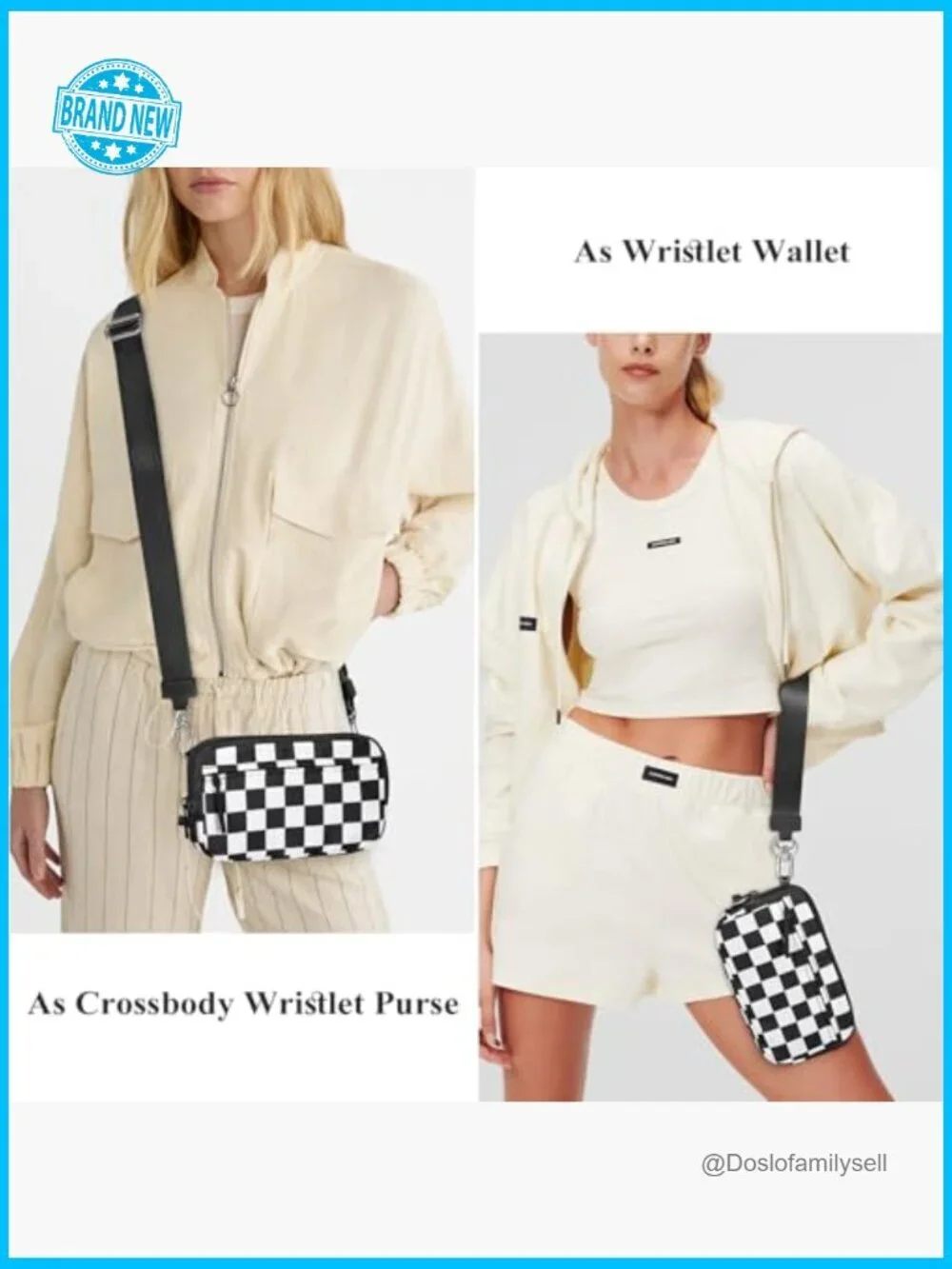 Checkered Nylon Wristlet Wallet with ID Window Crossbody Bag Multiple
